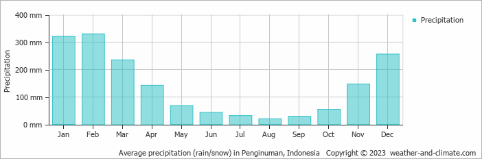 Average monthly rainfall, snow, precipitation in Penginuman, Indonesia