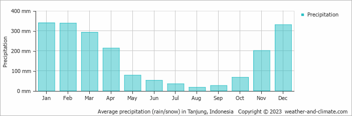 Average monthly rainfall, snow, precipitation in Tanjung, Indonesia