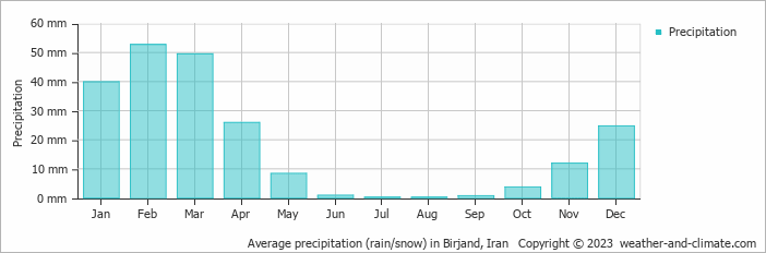 Average monthly rainfall, snow, precipitation in Birjand, Iran