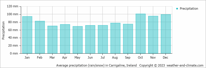 Average monthly rainfall, snow, precipitation in Carrigaline, Ireland
