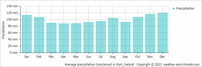 Average monthly rainfall, snow, precipitation in Gort, Ireland