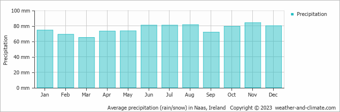 Average monthly rainfall, snow, precipitation in Naas, Ireland