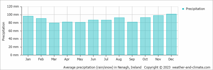 Average monthly rainfall, snow, precipitation in Nenagh, 