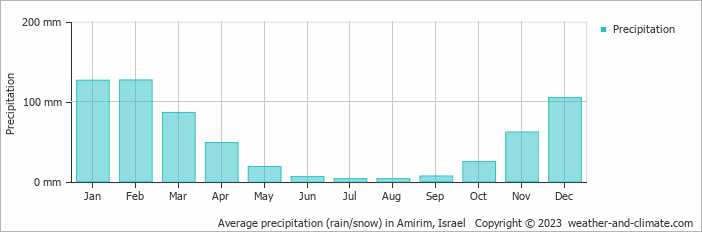 Average monthly rainfall, snow, precipitation in Amirim, Israel