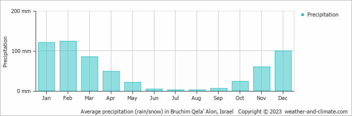 Average monthly rainfall, snow, precipitation in Bruchim Qela' Alon, Israel