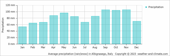 Average monthly rainfall, snow, precipitation in Albignasego, Italy