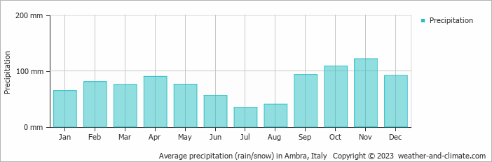 Average monthly rainfall, snow, precipitation in Ambra, Italy