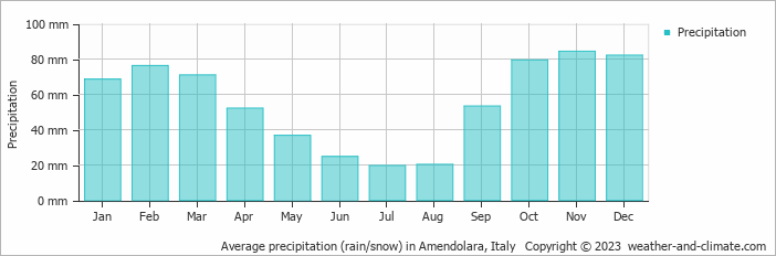 Average monthly rainfall, snow, precipitation in Amendolara, Italy