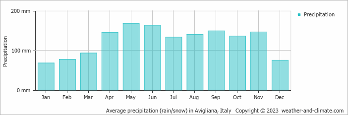 Average monthly rainfall, snow, precipitation in Avigliana, Italy