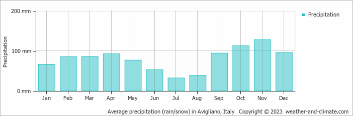 Average monthly rainfall, snow, precipitation in Avigliano, Italy