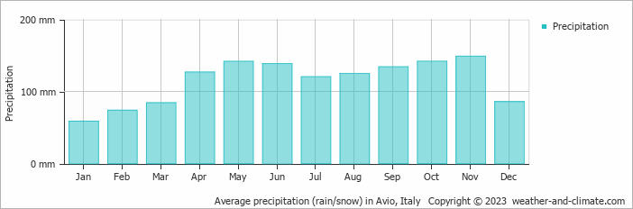 Average monthly rainfall, snow, precipitation in Avio, Italy