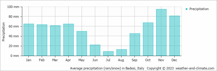 Average monthly rainfall, snow, precipitation in Badesi, 