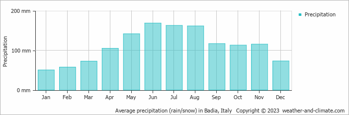 Average monthly rainfall, snow, precipitation in Badia, Italy