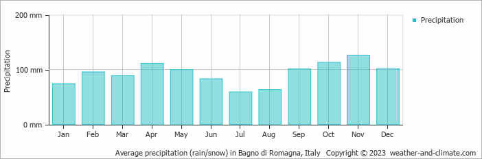 Average monthly rainfall, snow, precipitation in Bagno di Romagna, Italy