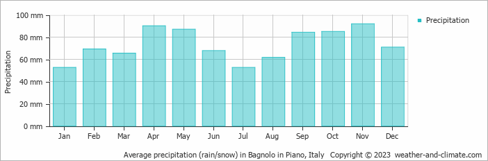 Average monthly rainfall, snow, precipitation in Bagnolo in Piano, Italy