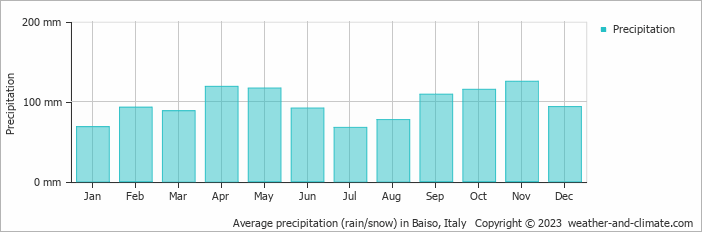 Average monthly rainfall, snow, precipitation in Baiso, Italy