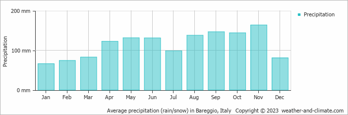 Average monthly rainfall, snow, precipitation in Bareggio, Italy