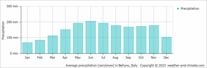 Average monthly rainfall, snow, precipitation in Belluno, Italy