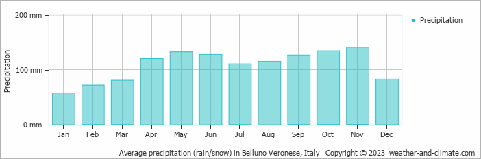 Average monthly rainfall, snow, precipitation in Belluno Veronese, Italy