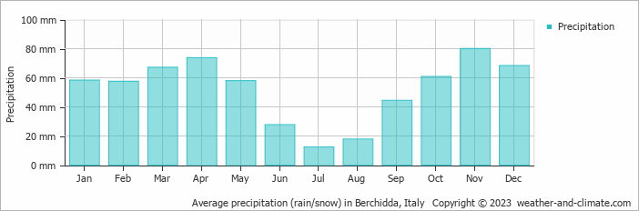 Average monthly rainfall, snow, precipitation in Berchidda, Italy