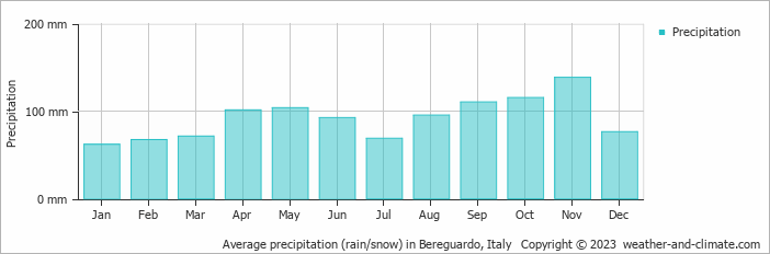 Average monthly rainfall, snow, precipitation in Bereguardo, Italy