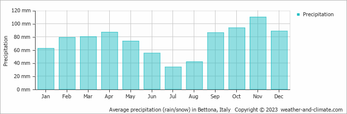 Average monthly rainfall, snow, precipitation in Bettona, Italy