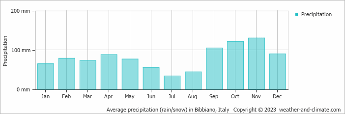Average monthly rainfall, snow, precipitation in Bibbiano, Italy