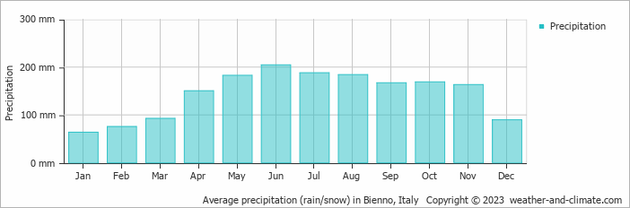 Average monthly rainfall, snow, precipitation in Bienno, Italy