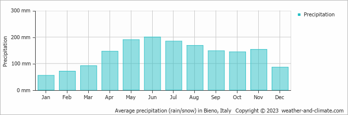 Average monthly rainfall, snow, precipitation in Bieno, Italy