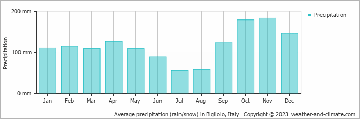 Average monthly rainfall, snow, precipitation in Bigliolo, Italy