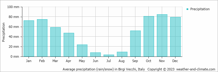 Average monthly rainfall, snow, precipitation in Birgi Vecchi, Italy