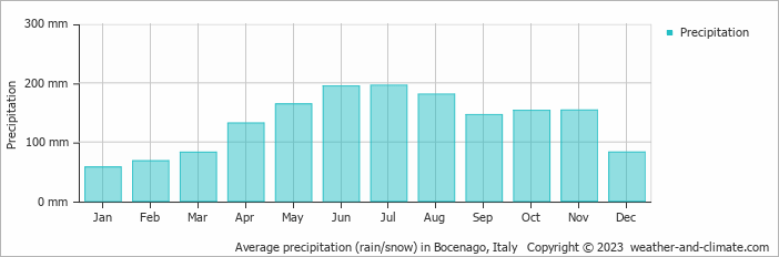 Average monthly rainfall, snow, precipitation in Bocenago, Italy