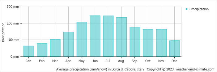 Average monthly rainfall, snow, precipitation in Borca di Cadore, Italy