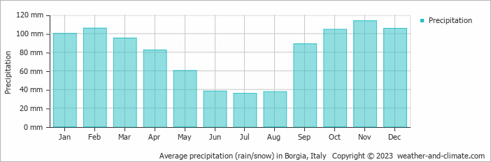 Average monthly rainfall, snow, precipitation in Borgia, Italy