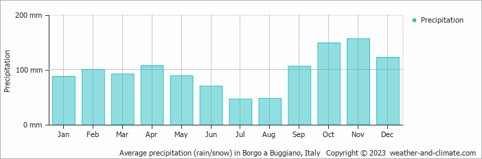 Average monthly rainfall, snow, precipitation in Borgo a Buggiano, Italy