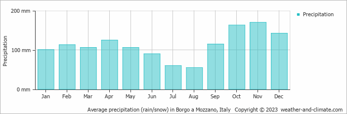 Average monthly rainfall, snow, precipitation in Borgo a Mozzano, Italy