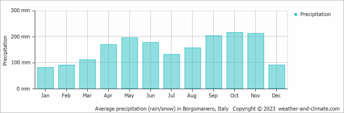 Average monthly rainfall, snow, precipitation in Borgomanero, Italy
