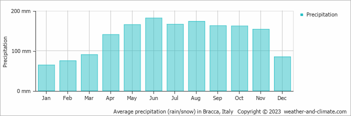 Average monthly rainfall, snow, precipitation in Bracca, Italy