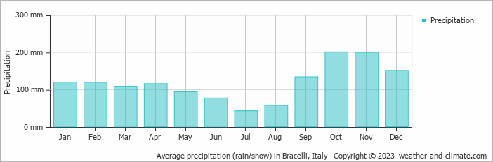 Average monthly rainfall, snow, precipitation in Bracelli, Italy