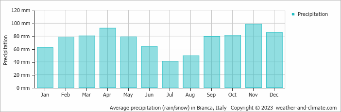Average monthly rainfall, snow, precipitation in Branca, Italy