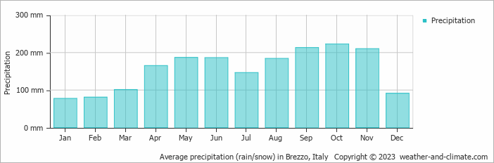 Average monthly rainfall, snow, precipitation in Brezzo, Italy