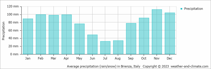 Average monthly rainfall, snow, precipitation in Brienza, Italy
