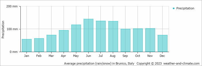 Average monthly rainfall, snow, precipitation in Brunico, Italy