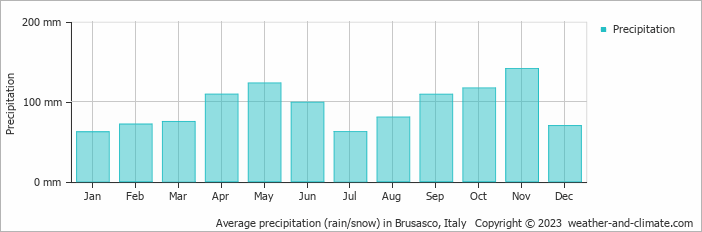 Average monthly rainfall, snow, precipitation in Brusasco, Italy