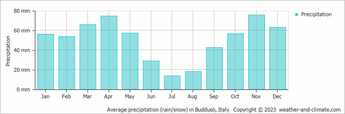 Average monthly rainfall, snow, precipitation in Buddusò, Italy
