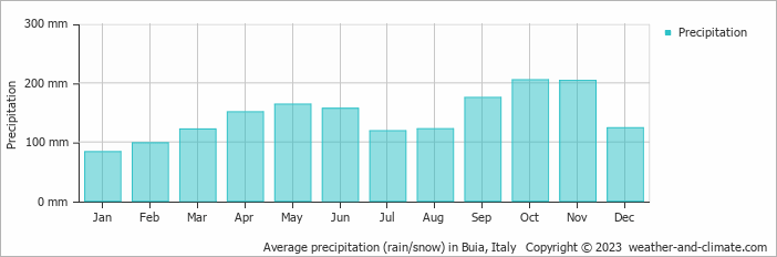 Average monthly rainfall, snow, precipitation in Buia, Italy