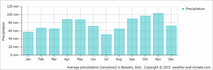 Average monthly rainfall, snow, precipitation in Busseto, Italy