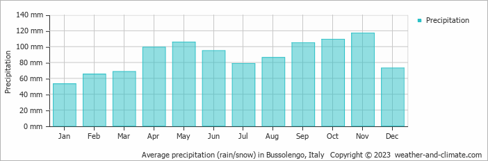 Average monthly rainfall, snow, precipitation in Bussolengo, Italy