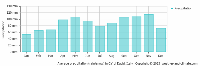 Average monthly rainfall, snow, precipitation in Ca' di David, Italy