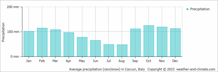 Average monthly rainfall, snow, precipitation in Caccuri, Italy